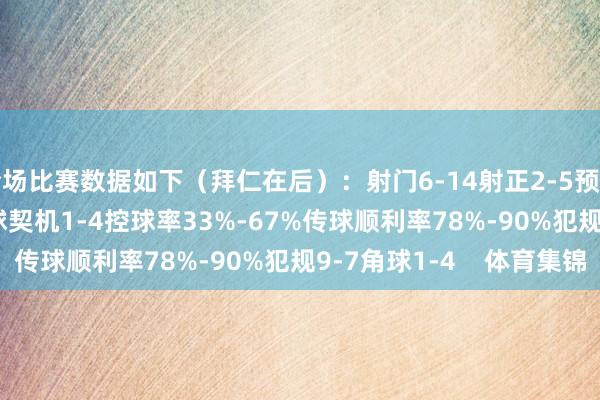 全场比赛数据如下（拜仁在后）：射门6-14射正2-5预期进球0.44-1.54进球契机1-4控球率33%-67%传球顺利率78%-90%犯规9-7角球1-4    体育集锦